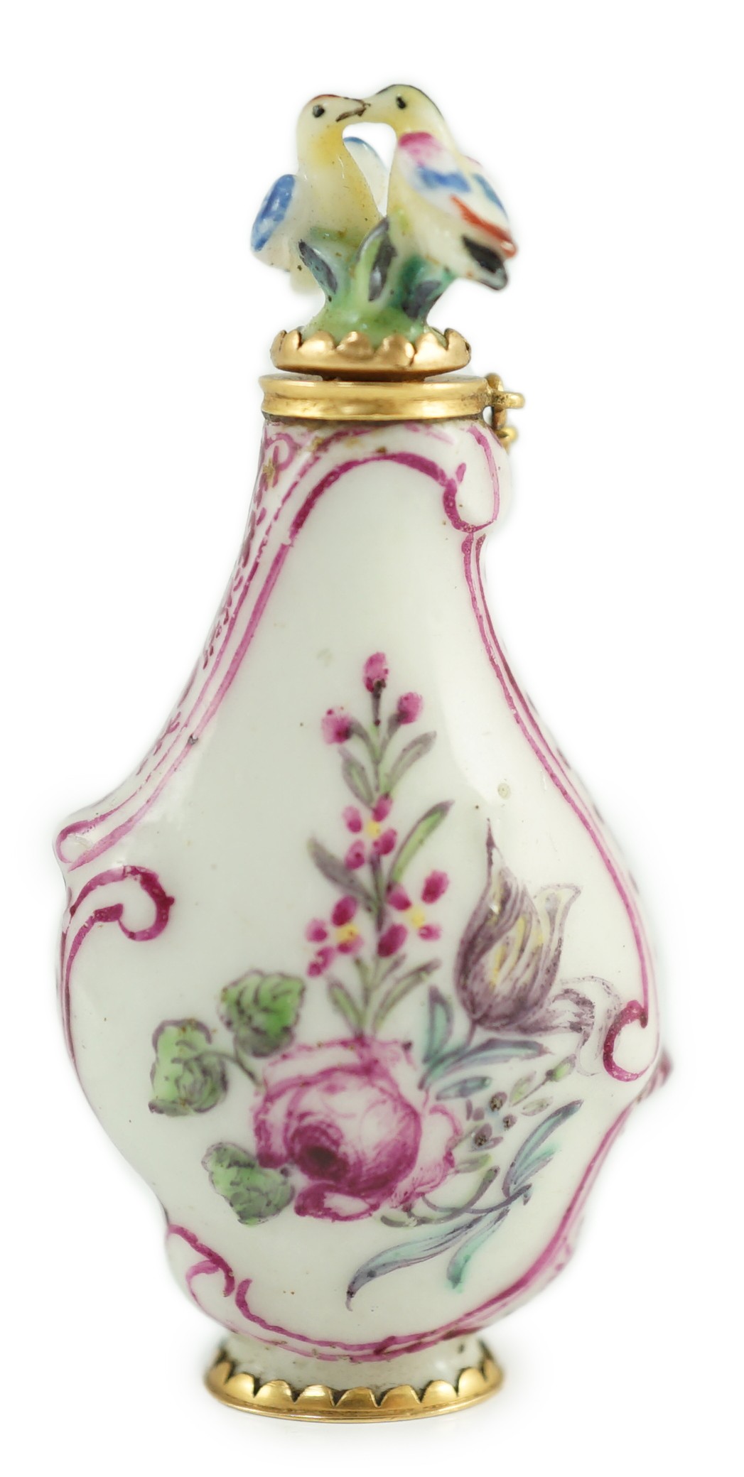 A good Chelsea or St James (Charles Gouyn) gold mounted porcelain scent bottle, c.1755